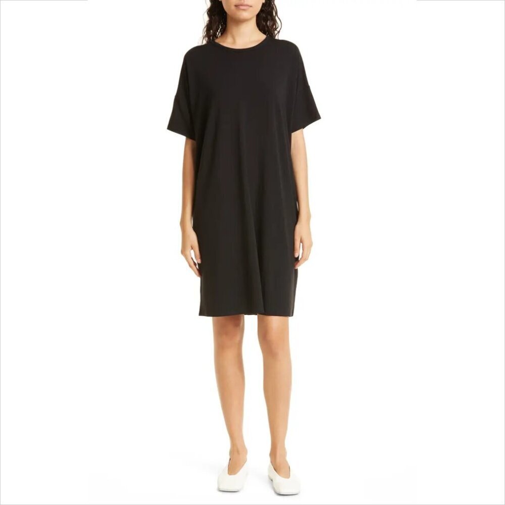 Eileen Fisher crew neck boxy knit dress black stretch short sleeve new X-Small